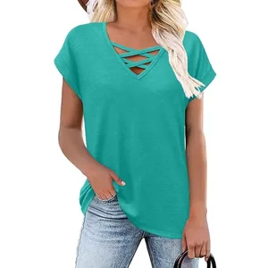 2025 Summer Women's Casual Loose Solid Color Cross V-neck Short Sleeved T-shirt