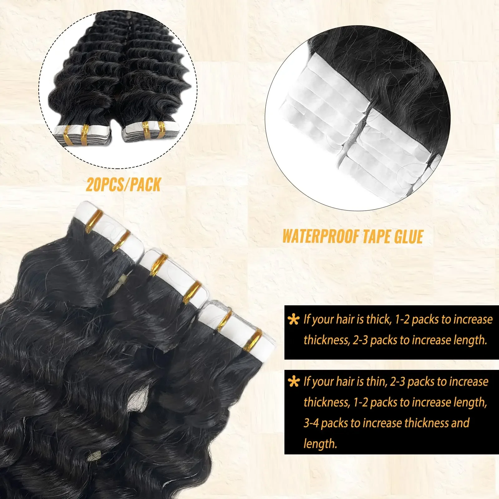 Deep Wave Tape In Hair Extensions Human Hair Remy Natural Color 20Pcs/Pack Skin Weft Invisible Tape_voghion.com