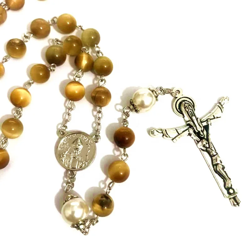 Rare 8MM Yellow Tiger Eye Jade Beads Rosary Cross CRUCIFIX CATHOLIC NECKLACE