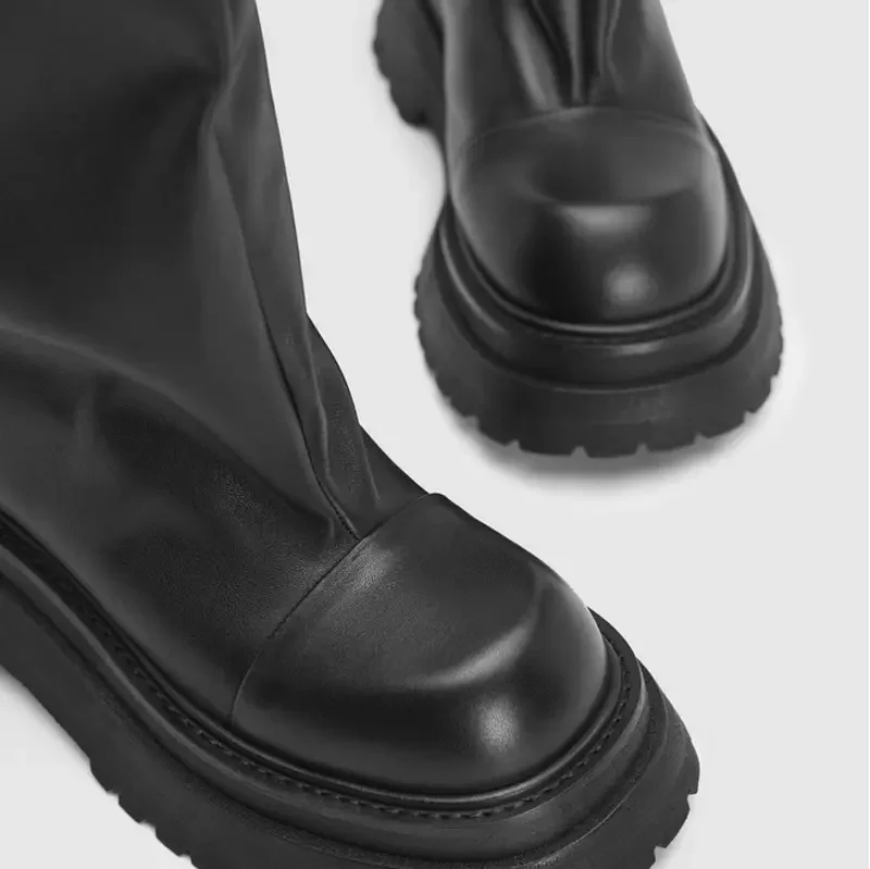 2024 High Platform Long Boots Fashion Black Leather Wide Calf 6cm Thick Sole Women Loose Chunky Knee High Boot - Image 4