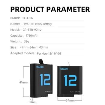 TELESIN Accessories Camera Battery for Go Pro 12 11 10 9 Long-lasting  1720 MAh Battery product image