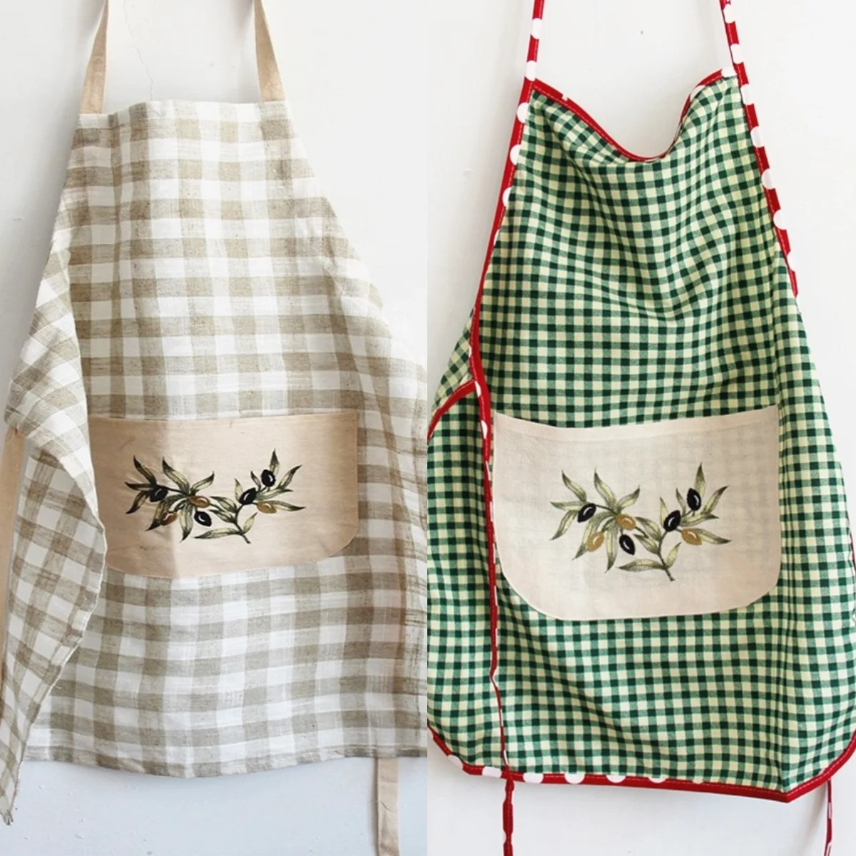 Short Cotton Linen Cloth Apron Custom Embroidery logo Pattern Bib Chef Kitchen Gingham Apron Wholesale 1-pocket