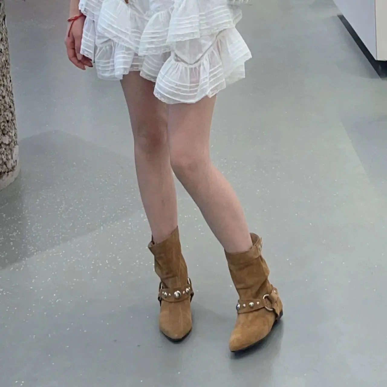 New Suede Leather Metal Ring Pointed Toe Snow Boots Western Cowboy Ankle Boots Women Flat Short Boots - Image 2