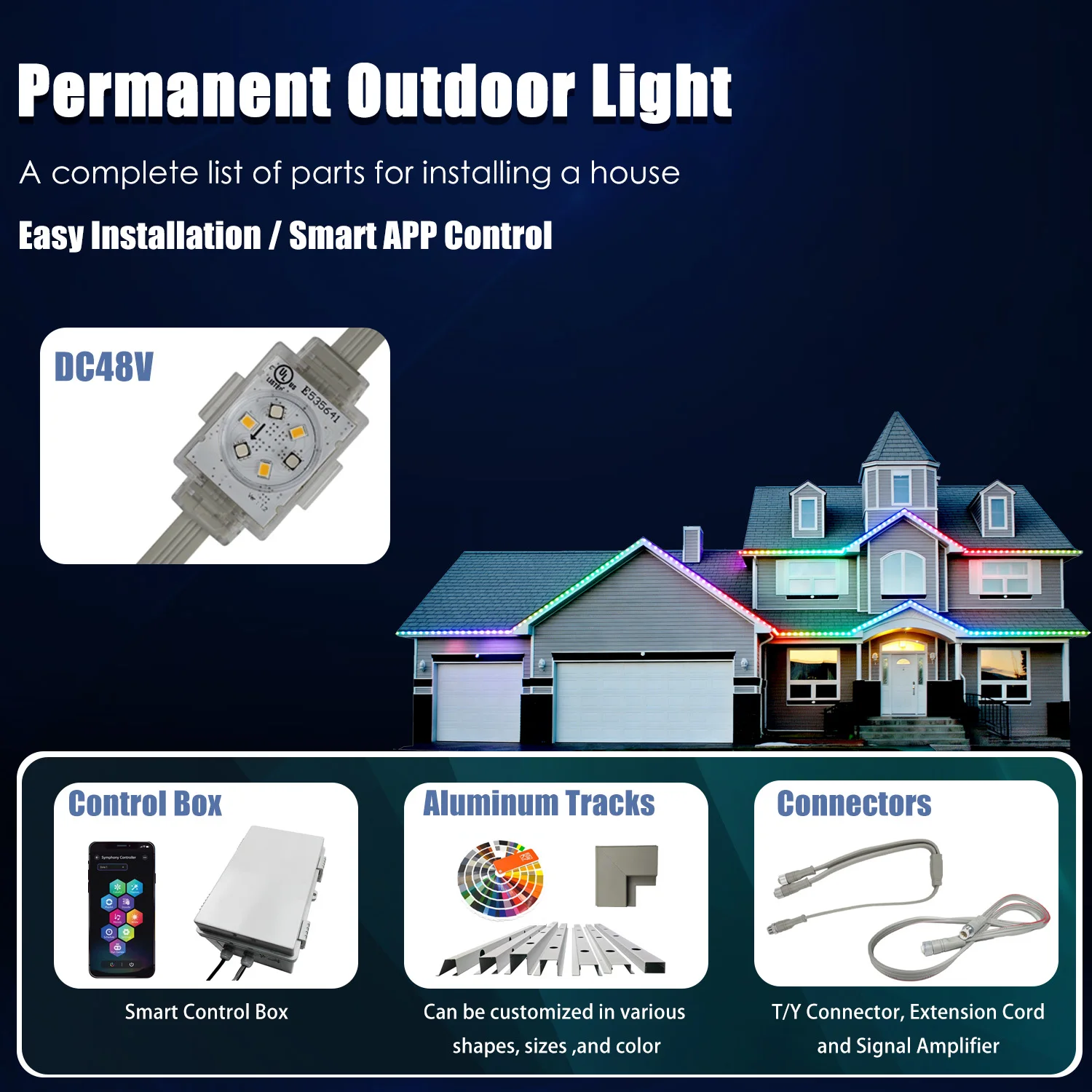HRSYT UL CUL DC48V Waterproof IP68 Christmas Holiday Lights for House RGB RGBW LED Pixel Point Lights Outdoor Light Permanent