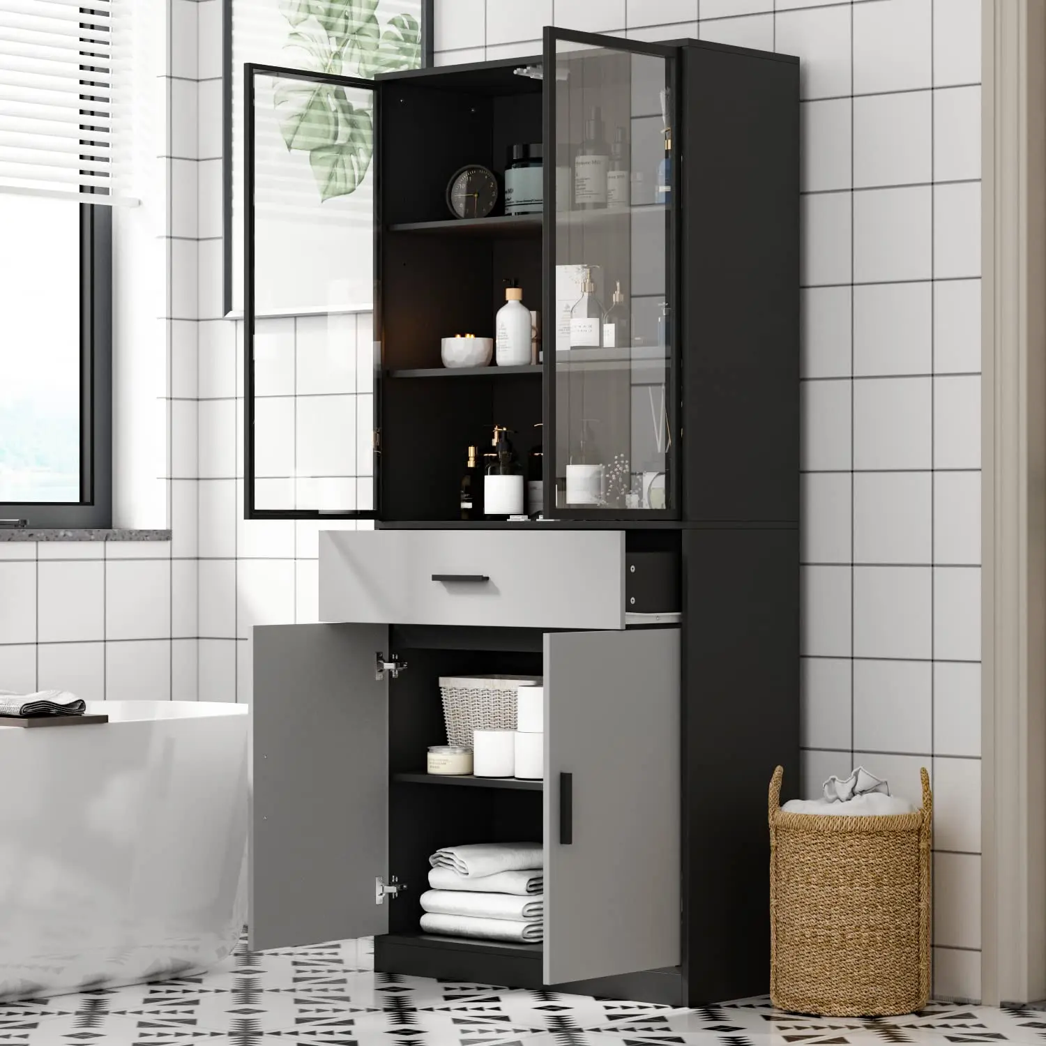 Freestanding Kitchen Pantry Storage Containers with Glass Door Wood Sideboard Buffet and Credenza for Dining Organization