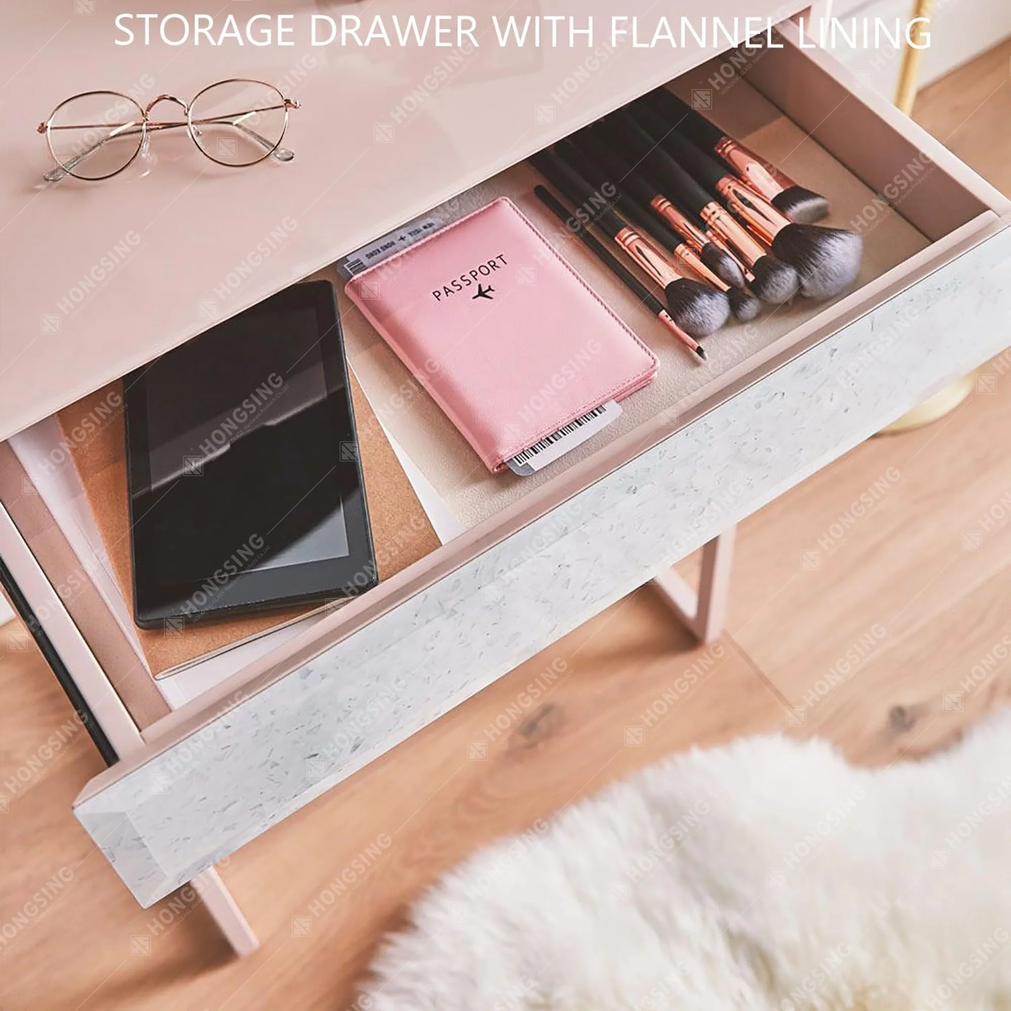 Makeup Vanity Desk for Bedroom Small Space Simple Ink Wash Stone  Pattern & Pink Small Corner Dressing Table with 1 Drawer