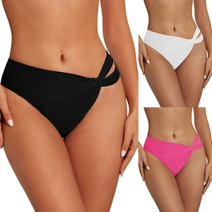 New Designer Women's Twisted Front Bikini Bottom Wholesale Mid Rise Textured Swimsuit Hollow Out Bathing Suit Bottoms