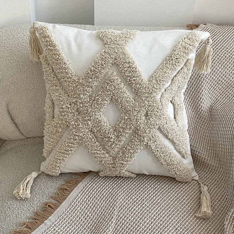 Macrame Decorative Plain Bohemian Style 100% Cotton Outdoor Furniture Cushions with Tufted Tassel Throw Pillow