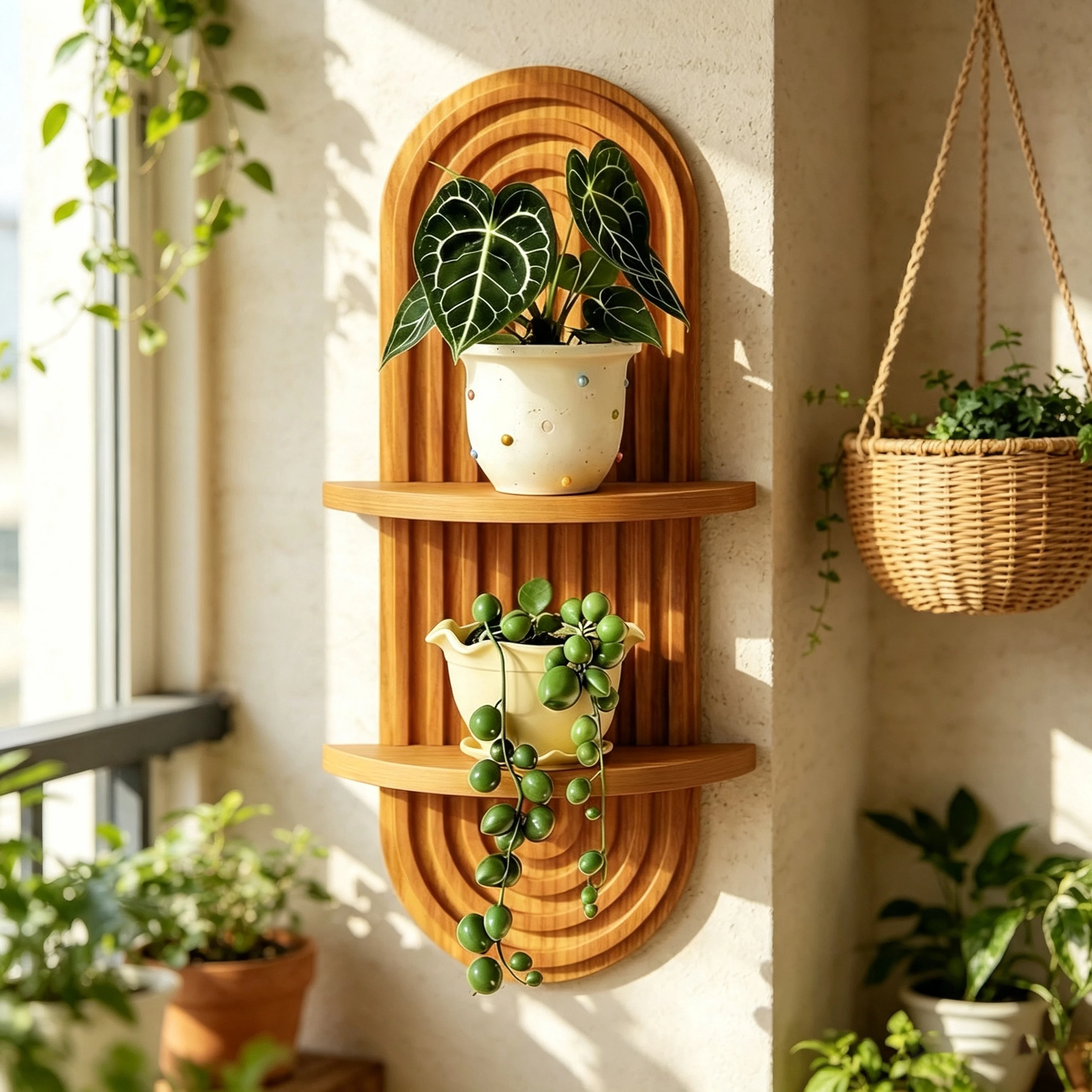 Wooden Boho Wall Shelf 2 Tier Arch Design Floating Mounted Rustic Pine Wood Plant Display for Bathroom Bedroom Living Room Decor