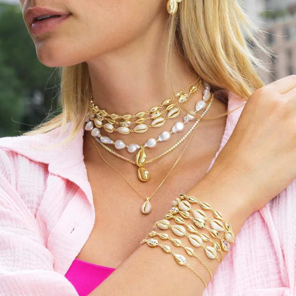 Promotion New Arrived Summer New Styles Shell Shape Tennis Chain Choker Necklace with Cz Paved Heavy Choker Necklace for Wedding