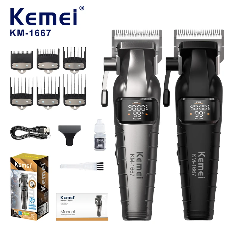 Tondeuse sans fil électrique Kemei Km-1667, batterie lithium-ion de 2500 mAh, vitesse de rotation de 9000 tr/min, lame en céramique réglable, recharge USB, tondeuse professionnelle pour salons et usage masculin