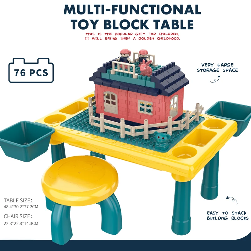 76pcs Plastic Large Particle Building Block Table Toys Set DIY Assembly Kindergarten Play Game Desk with Chair and Case