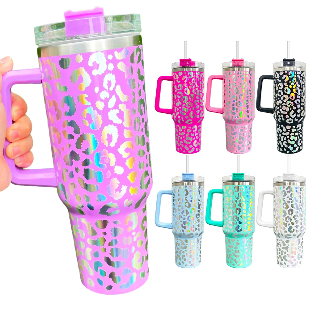 40oz Iridescent Leopard Tumbler with Handle Stainless Steel