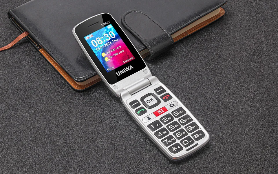 UNIWA V202 Dual Screen Flip Senior Push-Button Mobile Phone Feature SOS Cellphone Cell Phone Russian Keyboard Key Phone