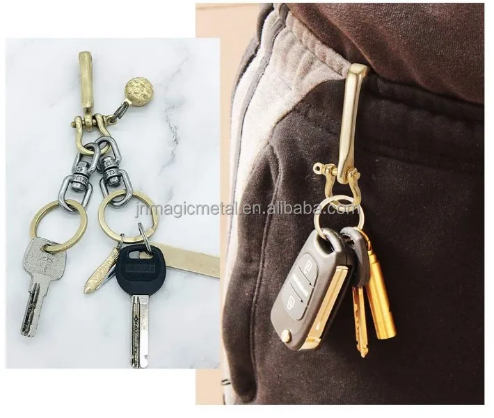 Custom Logo Solid Brass Key Fob Uhook Keyring Pocket Strap Ring Brass
