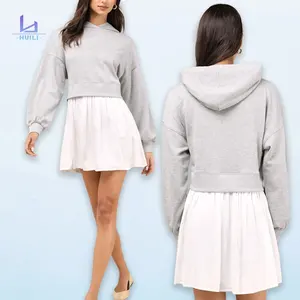 Huili Patch Work Hooded Dress Custom logo Cotton Outfits Designer Long Sleeve Two Piece Set Casual Womens Hoodie Dress