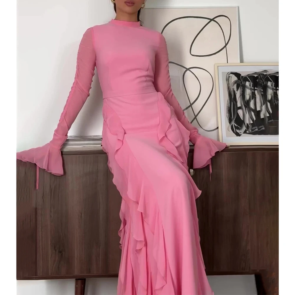 2025 Women's Modern Pink Chiffon Ruffles Flare Sleeve Party Dress