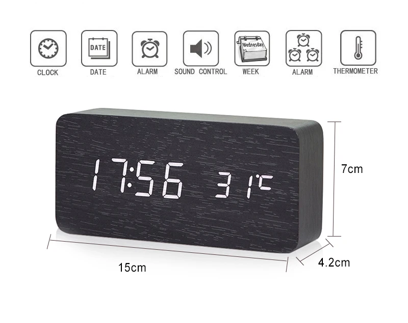 Custom Personalized Logo Led Digital Calendar Day Rectangle Multifunction Snooze Light Wooden Craft Alarm Clock