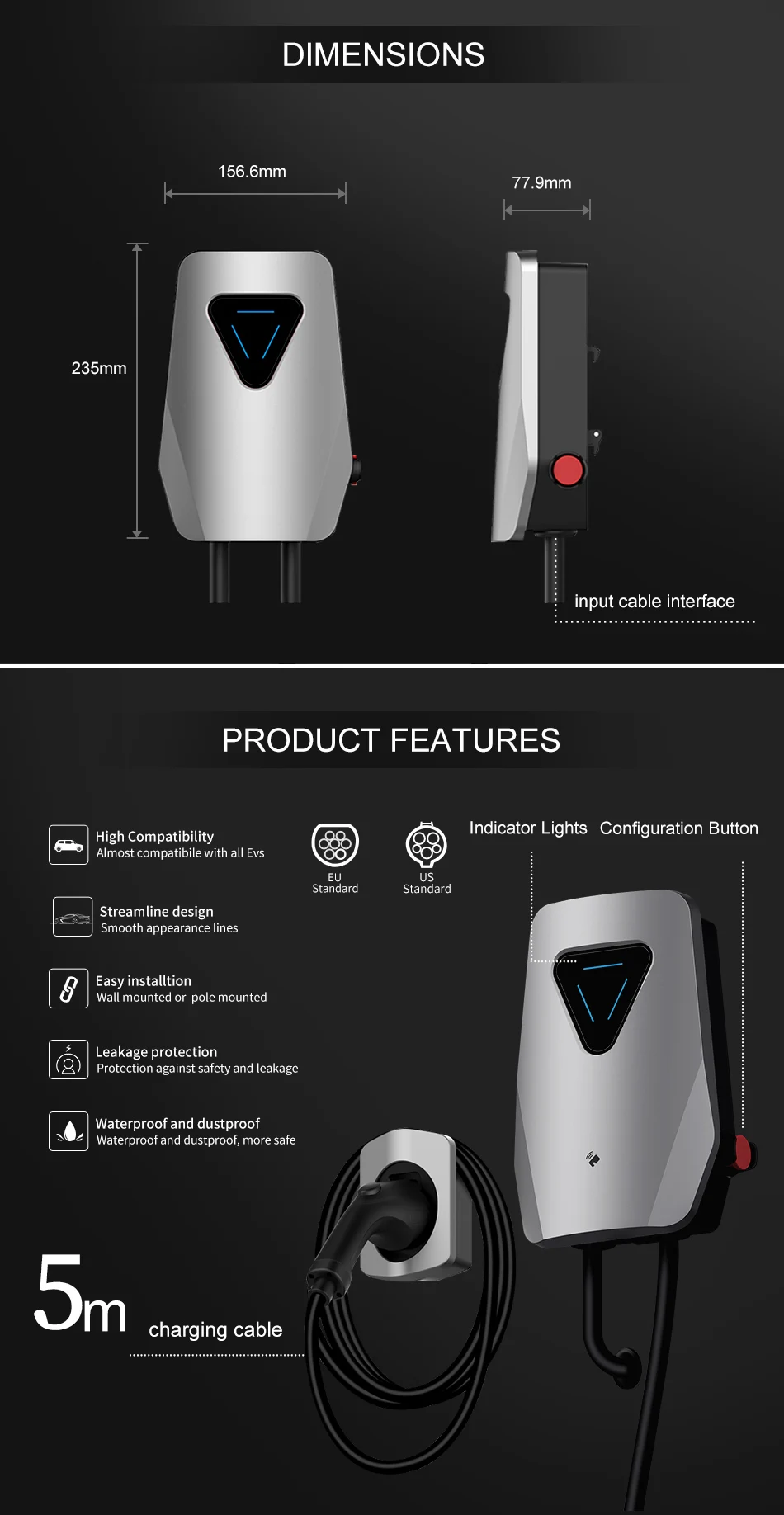 Manufacturer Ac Ev Charger Factory Ocpp Type 2 32a 3 Phase 7kw 22kw 11kw Wallbox Fast Electric 4673