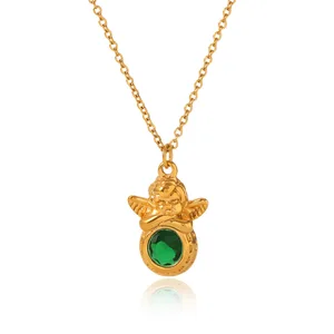 MW Retro European and American Popular Cute Angel Necklace Green  Zircon Gold-plated Stainless Steel Waterproof Necklace