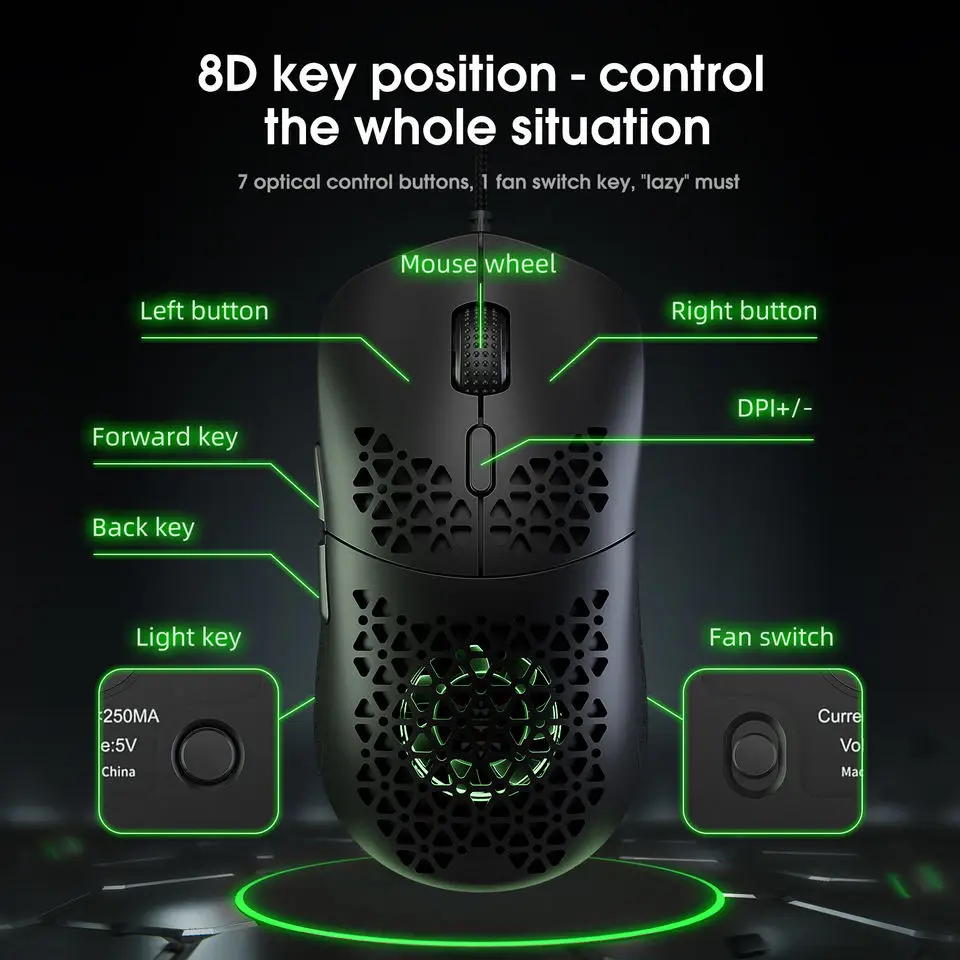 Amazon Hot Sale ONIKUMA CW911 RGB 7200 DPI Gamer Mice Computer Accessories Lightweight Computer Mouse with Built-in Fan