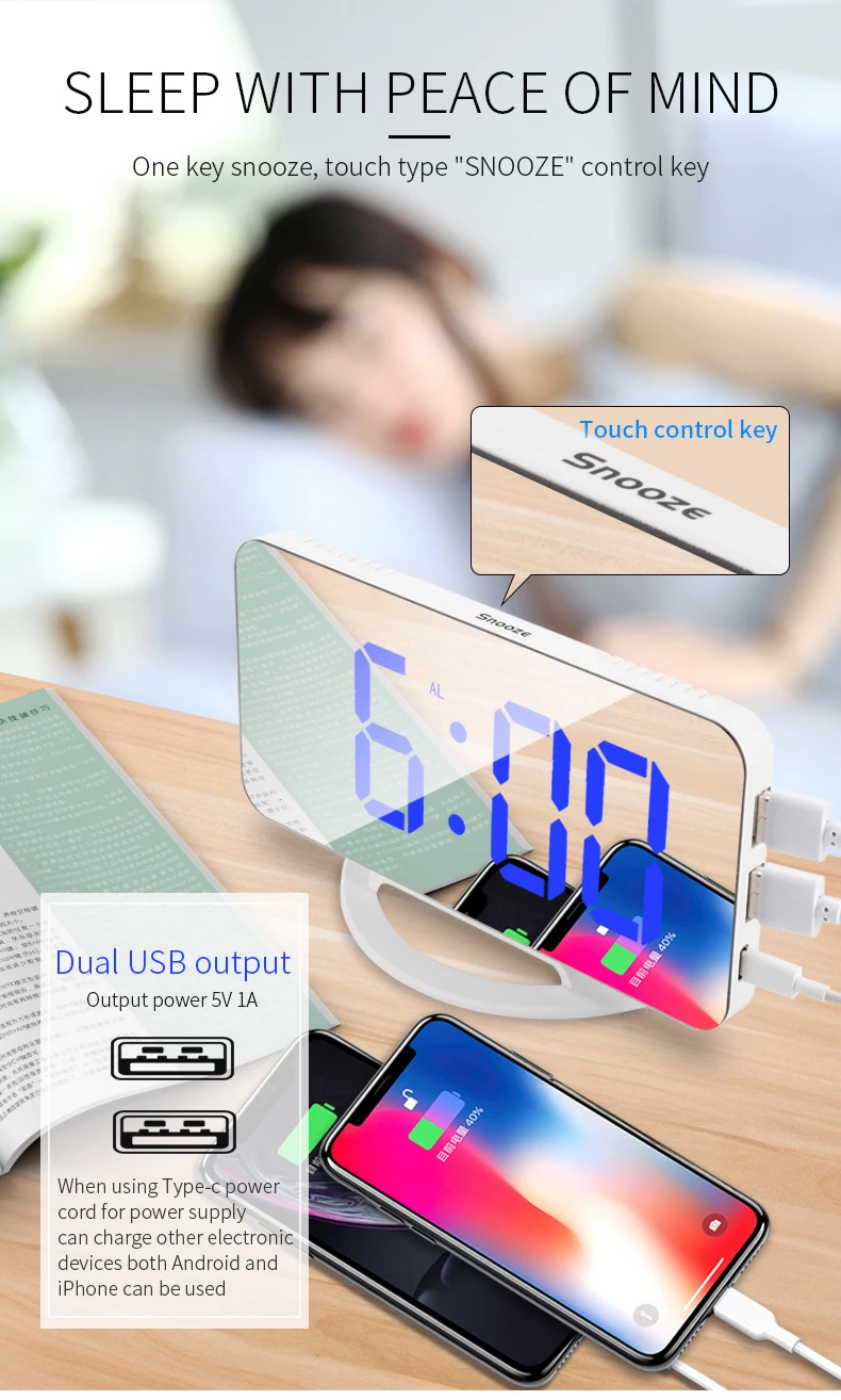 Digital LED Alarm Clock Mirror 2 USB Charger Ports LED Table Clock Snooze Function Adjustable Brightness Desk Clocks