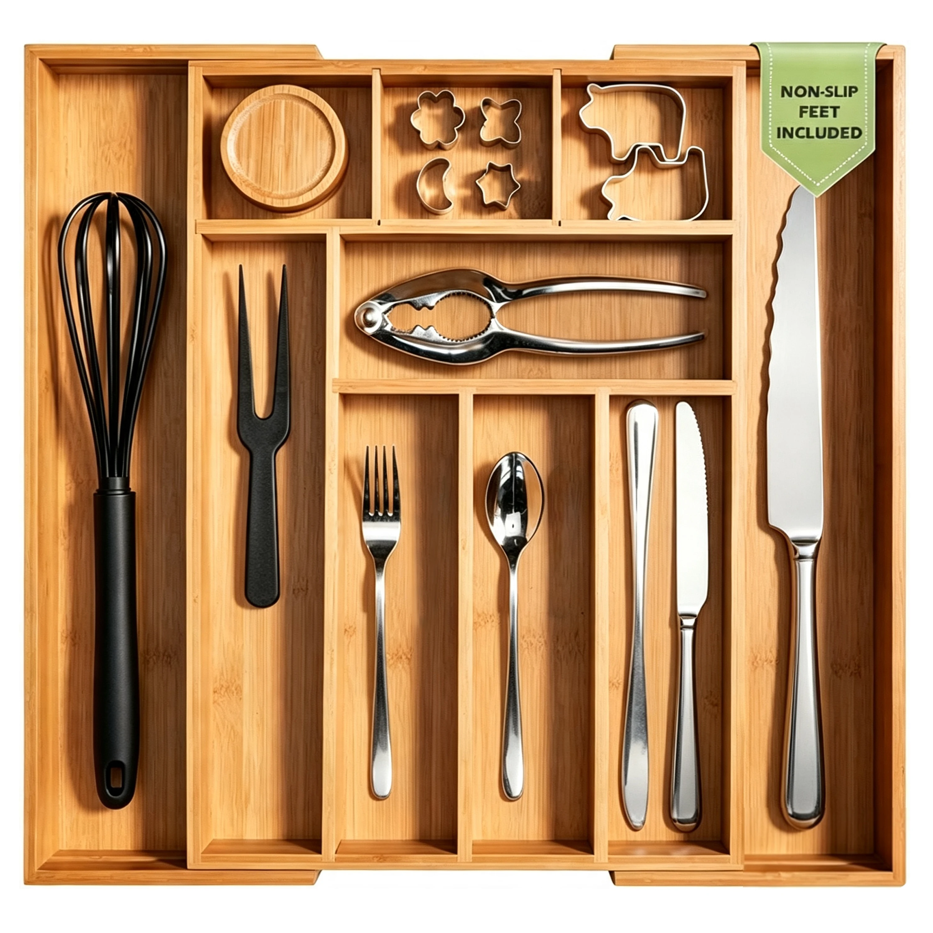 Bamboo Utensil Organizer Expandable Kitchen Drawer Silverware Tray Non Slip Multi Compartment Adjustable Cutlery Storage Holder