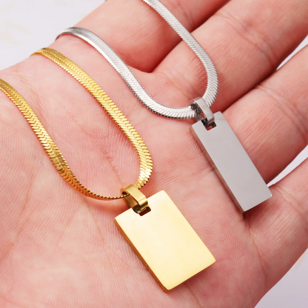 Tarnish Free Fashion Jewelry Flat Snake Chain Stainless Steel Rectangle Engrave Blank Pendant Logo Name Plate Custom Necklace