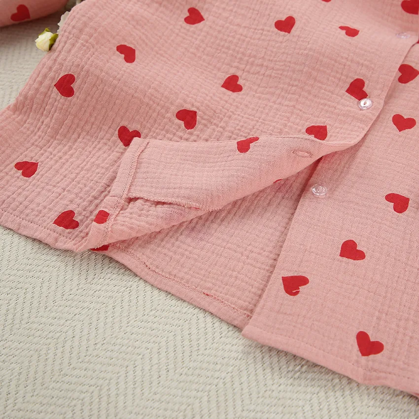 Women's Cotton Pajama Set Heart Print Breathable Long Sleeve Shirt Full Length Pants Turn-Down Collar Spring Sleepwear — detail