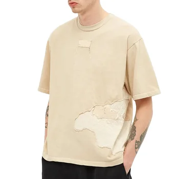 Crewneck Fashion Custom Logo Men Loose Tshirts Patchwork 100% Cotton Distressed Casual Vintage Men Short Sleeve T Shirt