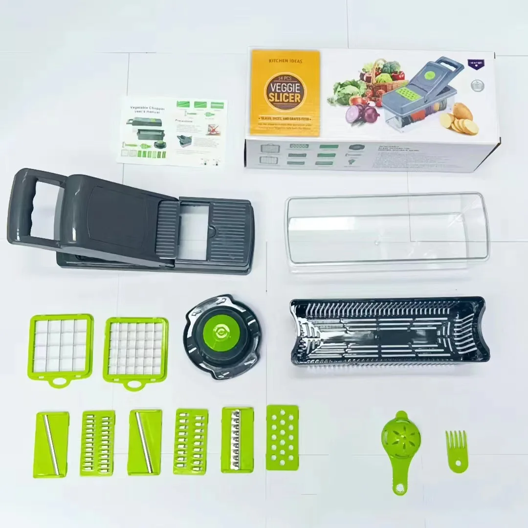 Manual Mandoline Fruit Vegetable Cutter Onion Dicer Veggie Slicer Vegetable Chopper Hot Selling Kitchen Multi 14 in 1 10 Pcs