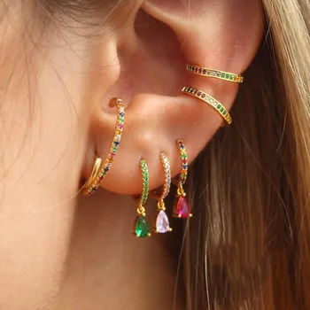 SP Colorful Zircon 18k Gold Cute Trendy Crystal Rhinestone Jewelry Teardrop Dangle CZ Huggie Hoop Earrings