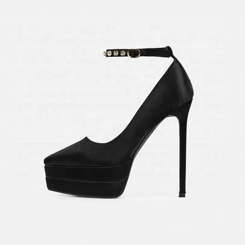 Summer Popular in Stock Pointy Toe Thick Platform Shoes Heels for Lady Party Dress Shoes Ankle Strap Diamonds Pumps Sandals