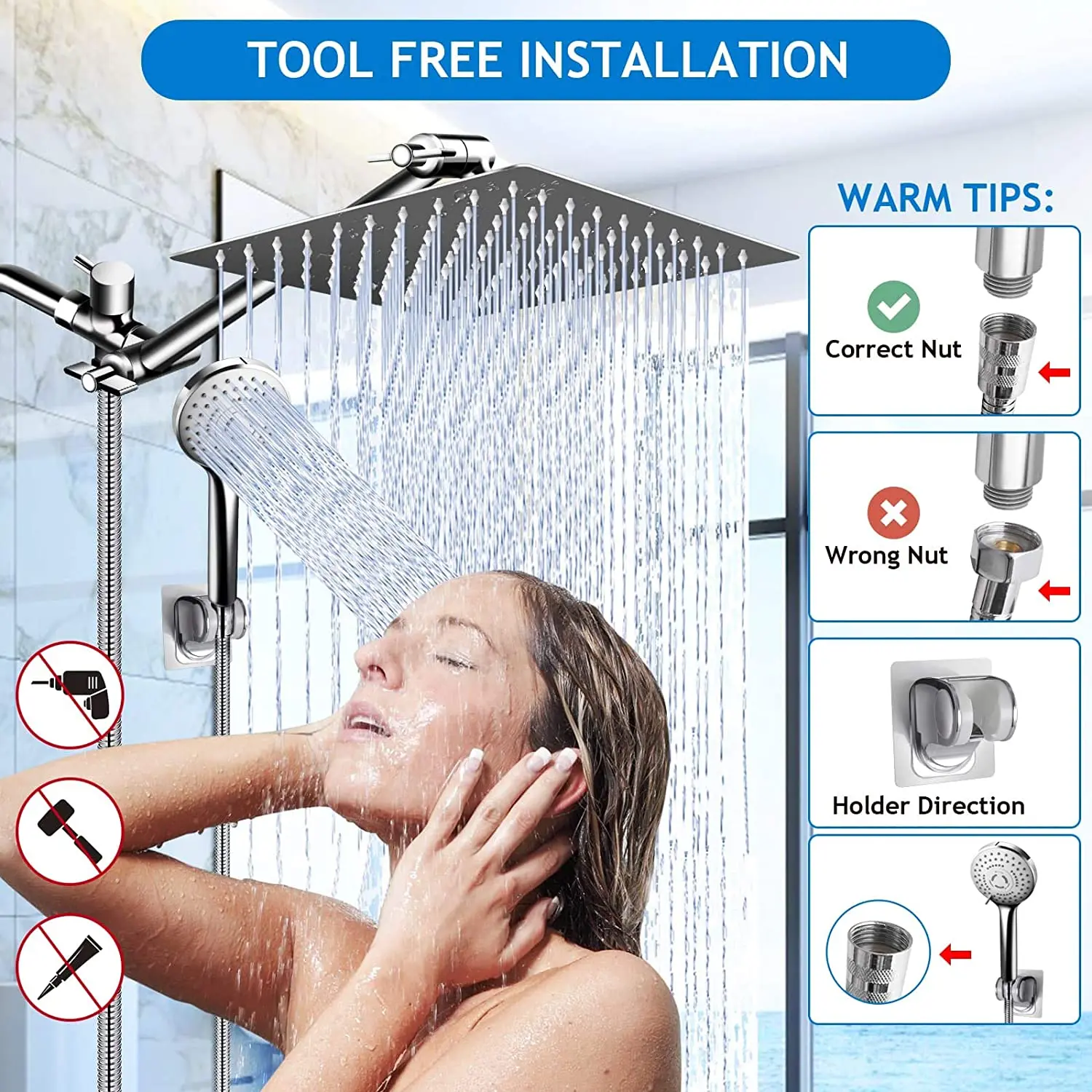 10 Inch High Pressure Rain Shower Head Combo,with 11 Inch Adjustable Extension Arm and 5 Settings Handheld Shower