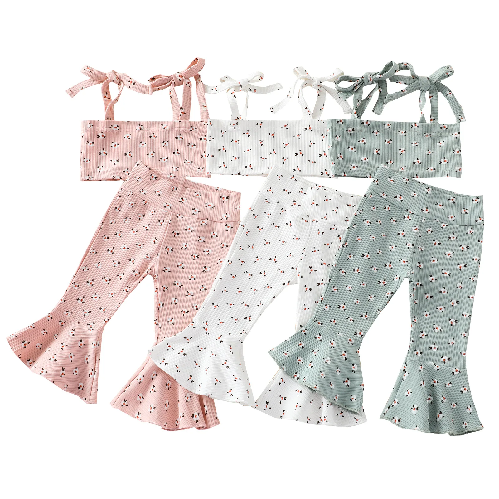 Детские укороченные топы, штаны-шаровары, костюмы из бутика с лямкой на шее, штаны с колокольчиками, детские летние комплекты одежды с цветочным принтом, дизайнерская одежда для девочек