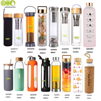 BPA free GA6080 450ML/16OZ shiny handle lid double wall insulated borosilicate glass water bottle with tea filter and loop lid
