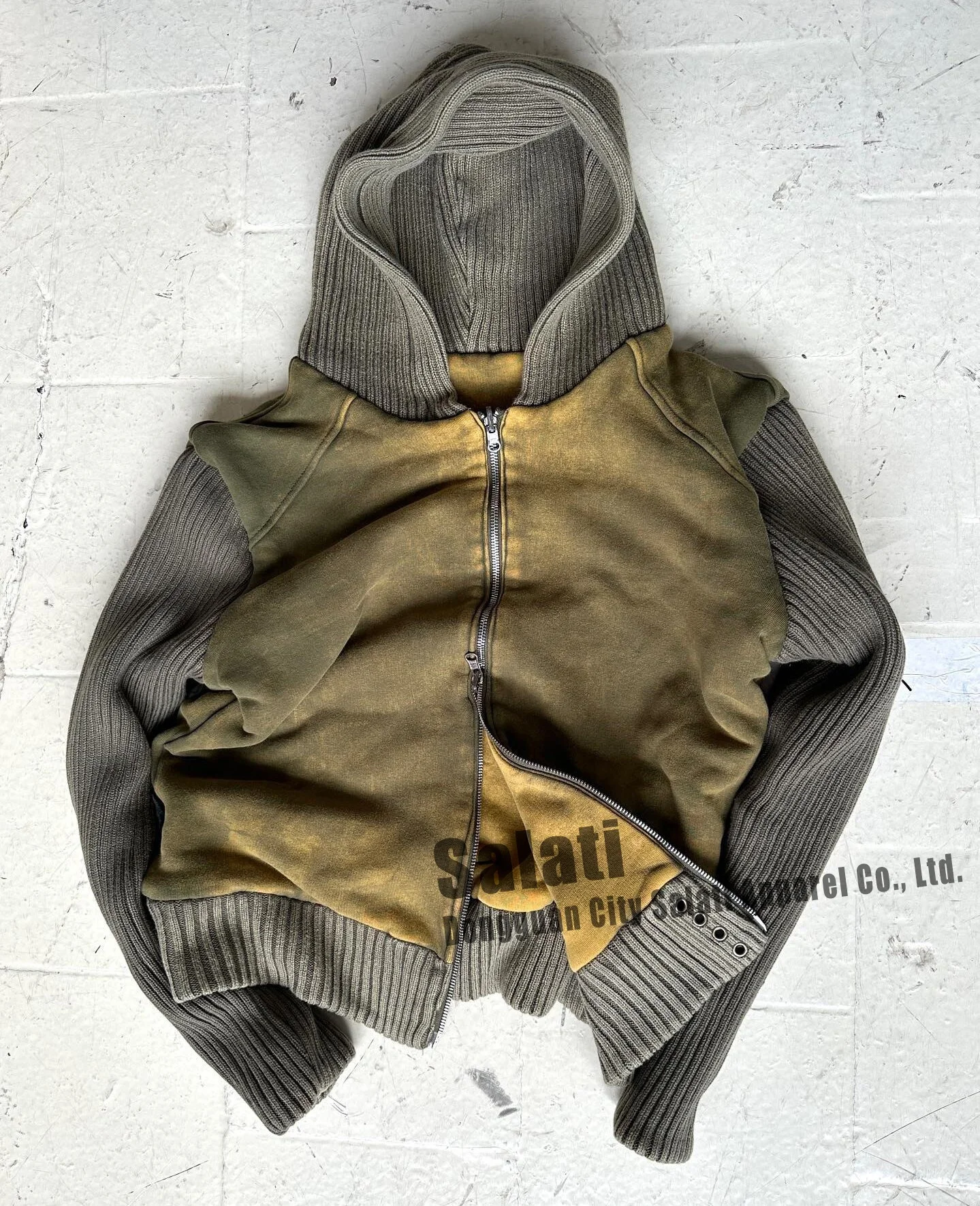 Custom Heavy Cotton Vintage Embroidery Logo Oversized Double Layer Patchwork Zip up Sun Faded Washed Distressed Hoodies for Men