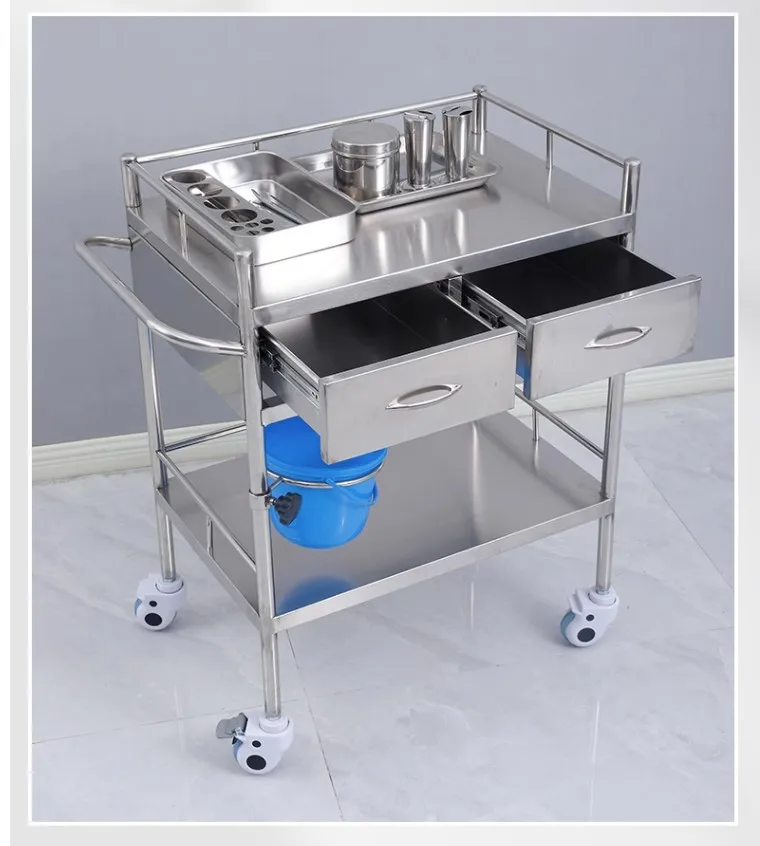 NEWOUYA Medical Products 2 Shelves Stainless Steel Nursing Trolley with Drawer