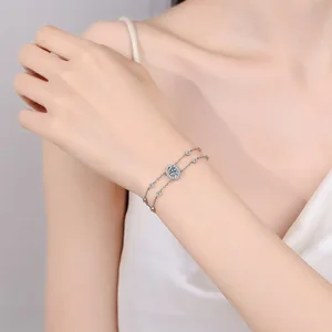 925 Sterling Silver Minimalist Double Chain Link Bracelet Blue Oval Design Women's Wedding Engagement Party