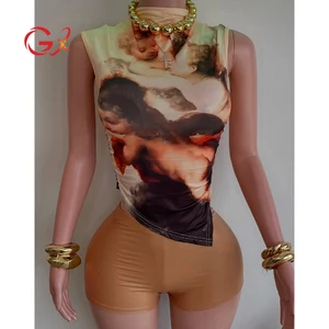 GX0335 Wholesale Women Boutique Casual Street Wear O-neck Sleeveless Irregular Printed Top and Shorts 2 Piece Set
