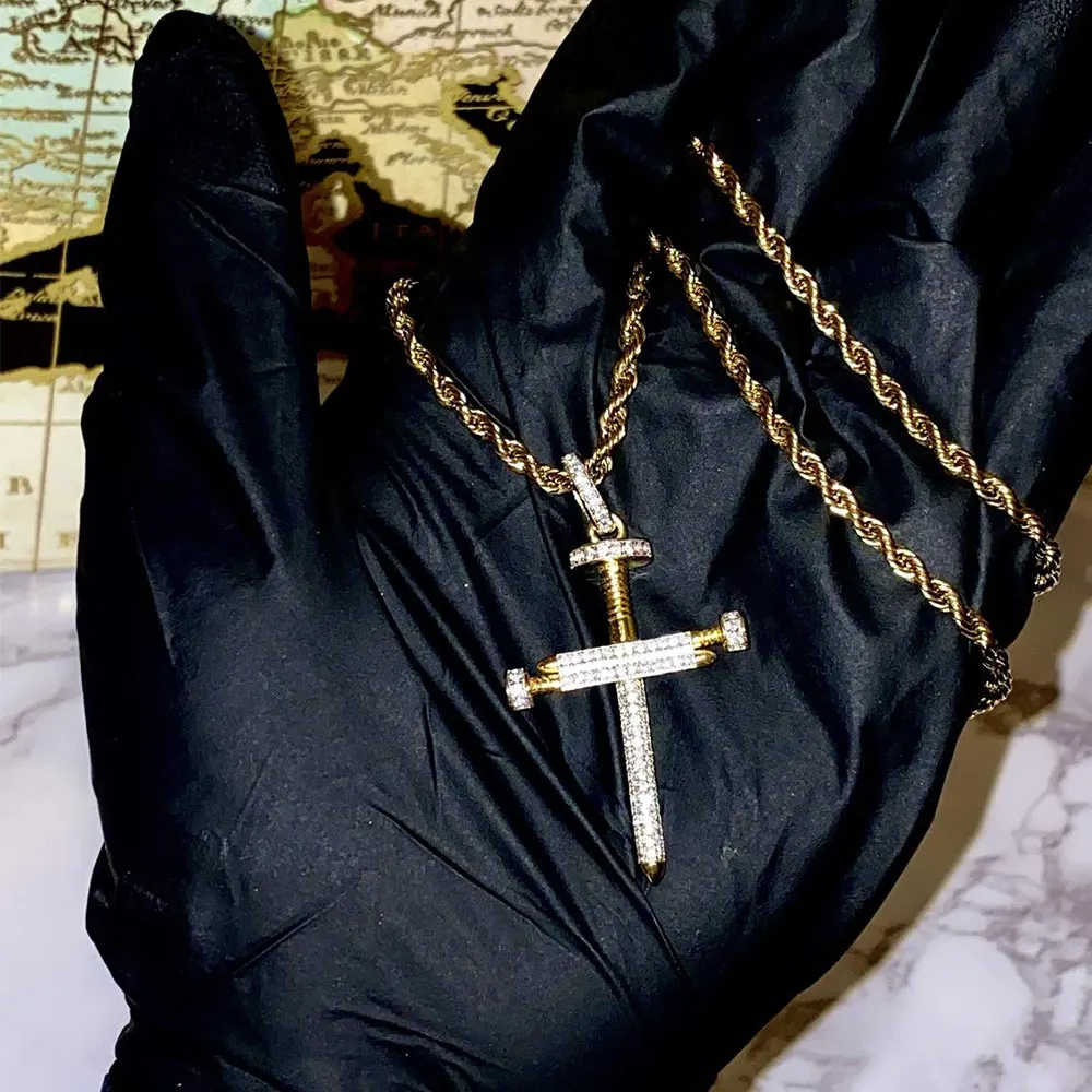Nail Shape Cross Hip Hop Jewelry 14k Gold Plating 925 Sterling Silver Pave Zircon Cross Pendant whit Rope Chain