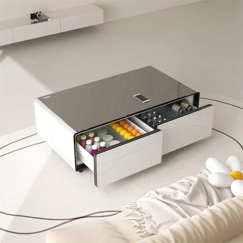 TB135 Smart Coffee Table with Cooling Drawers Wireless Charging Speakers LED Light Fridge Coffee Table
