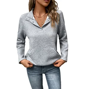 Wholesale of women's autumn casual long-sleeved sportswear, women's textured hoodie, stand-up collar, semi-opening pullover