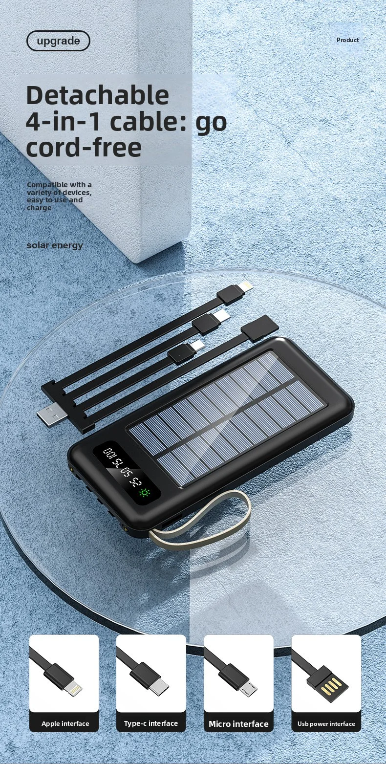 Top-Rated Portable Solar Power Bank with LED Display 4 Built-In Charging Cables LI-Polymer Battery-Best Seller
