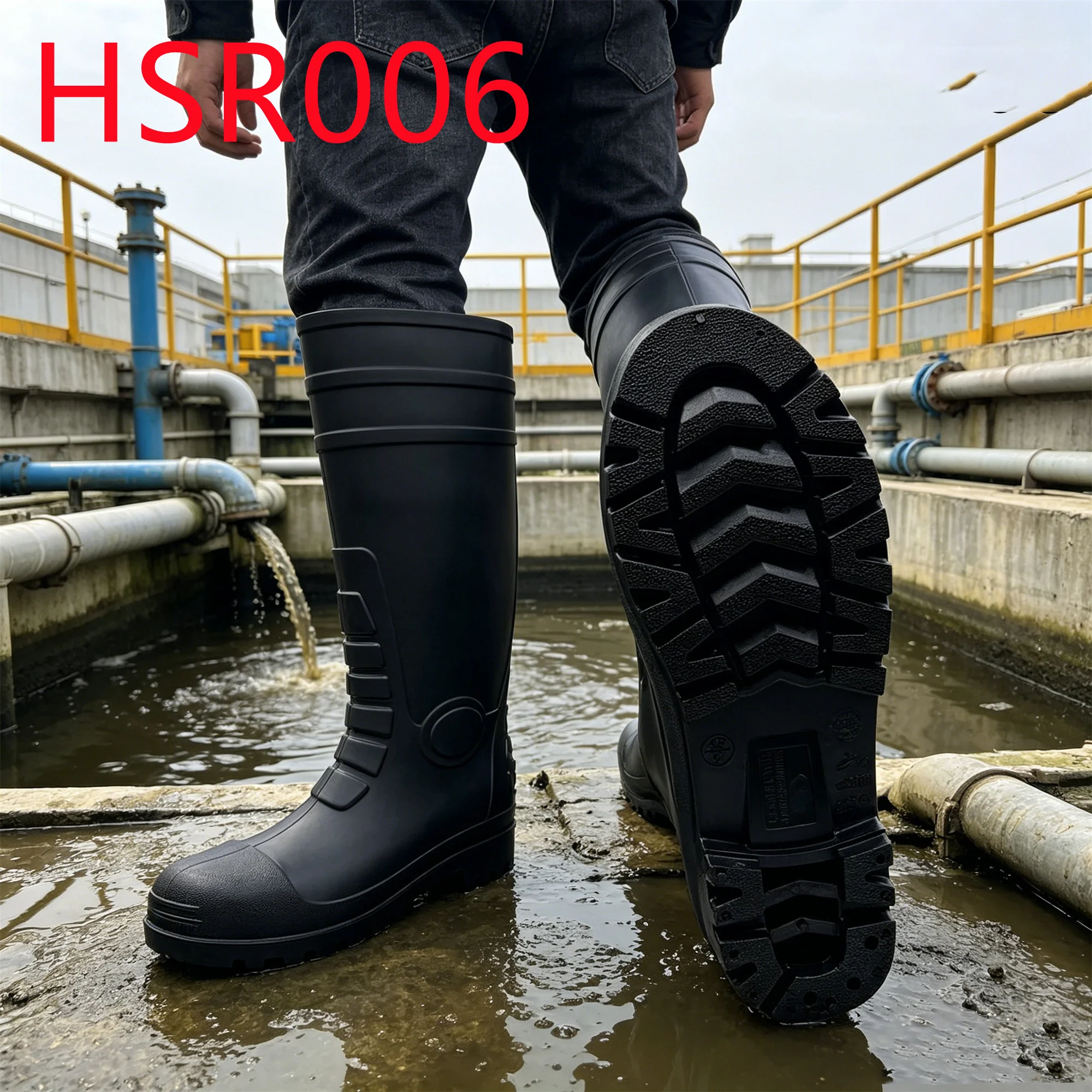 HY,Rice Paddy Work High-calf CE Certified Black PVC Rubber Boots Yard Farm Anti-hit&puncture SRC Safety Gumboots for Sale HSR006