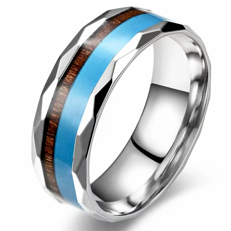 CHENG JEWELERS Wholesales 8MM Faceted Edge Engagement Bands Wood Blue Turquoise Stone Inlay Tungsten Carbide Rings for Men