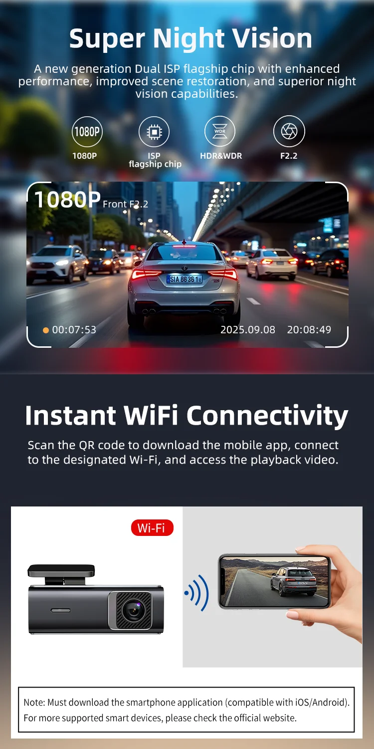Factory Outlet Wholesale Dash Cam 1080p Black Box with Voice WiFi and Mobile APP G-sensor 24-Hours Parking Monitoring manufacture