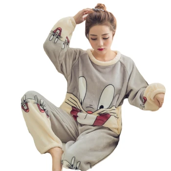 cheap Winter Warm Flannel Sleepwear Ladies Long Sleeves Nightclothes Coral Fleece Girls Casual Home Pajamas