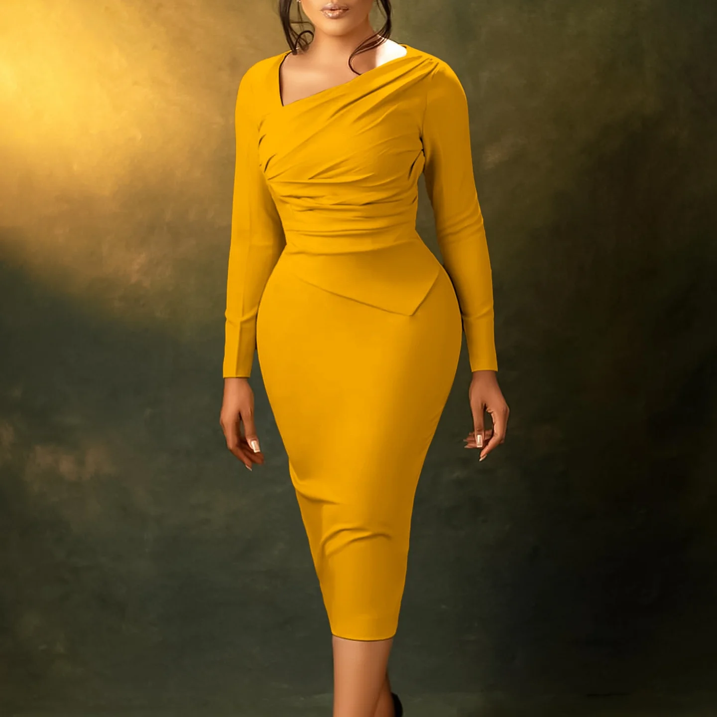 yellow long sleeve bodycon dress Women's Caitlyn Bodycon Long Sleeved Mesh Maxi Dress Customize Yellow MEAN BLVD main image 1