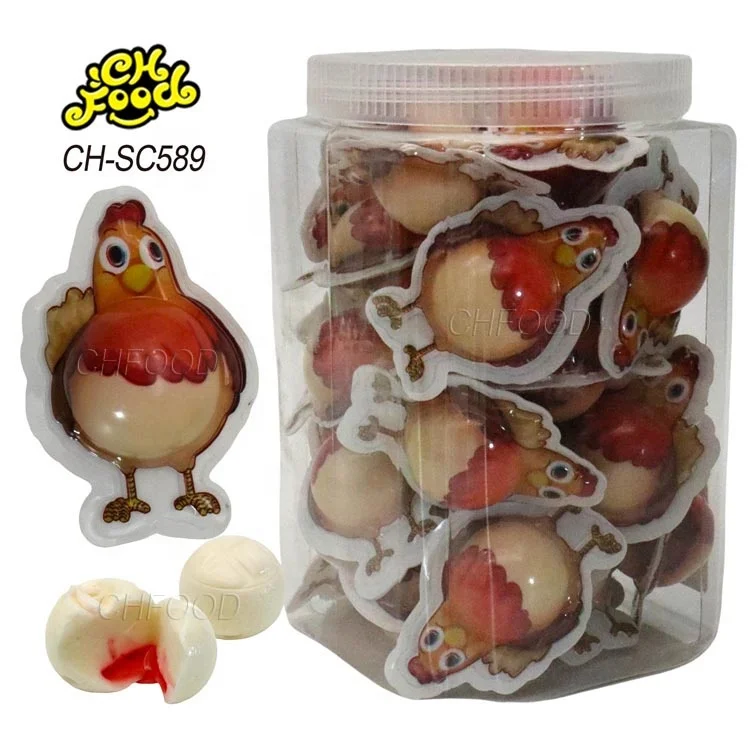 Wholesale 10g Halal 3d Cartoon Cock Rooster Shape Strawberry Jam Filled in Ball Gummy Candy Sweets Snack Food